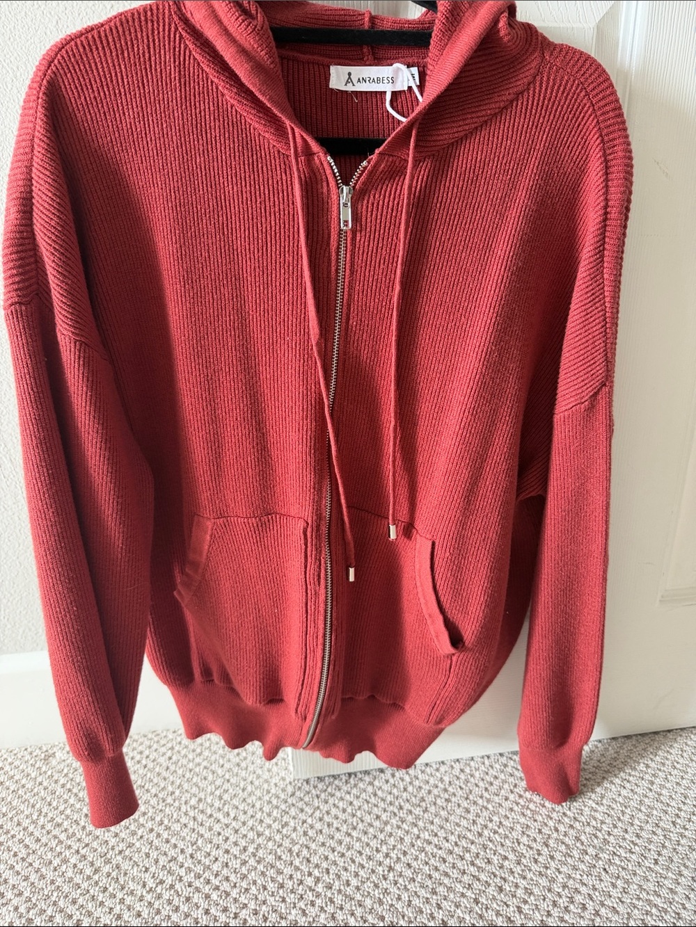 Anabelle Ribbed Zip-Up Hoodie in Rust Red